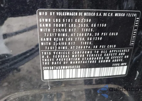 2021 Volkswagen Tiguan 2.0T Se/2.0T Se R-Line Black/2.0T Sel из США, поврежденный, VIN 3VV3B7AX8MM056235